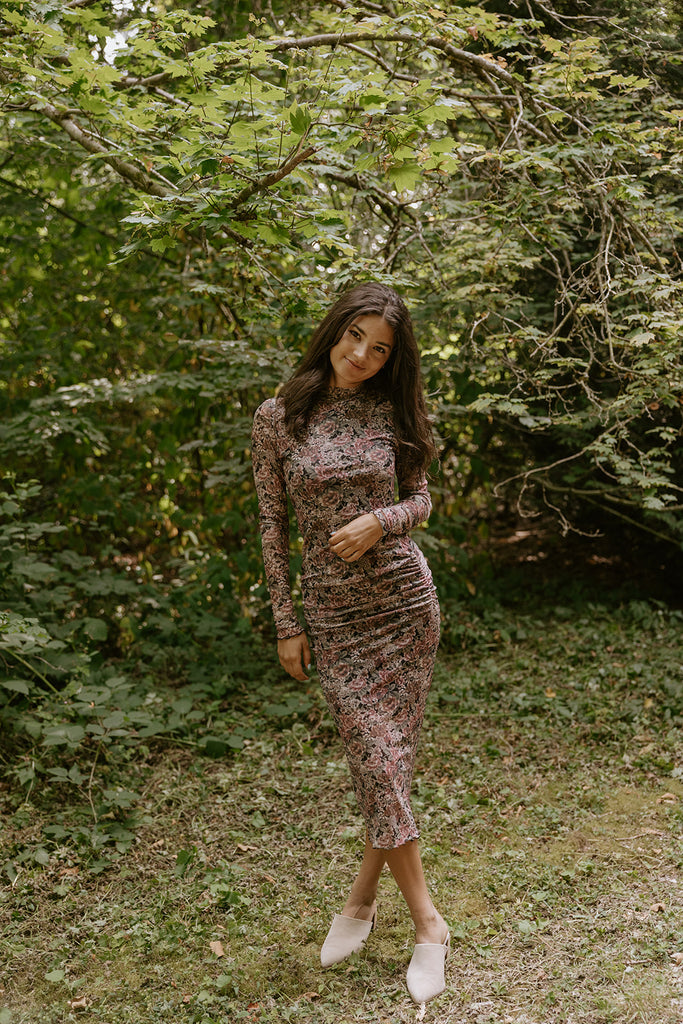 Floral Sheer Dress with Shirring - Pink