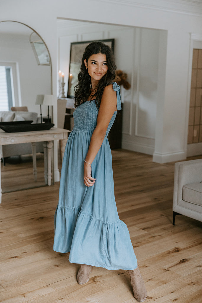 Shoulder Detail Smocked Denim Dress