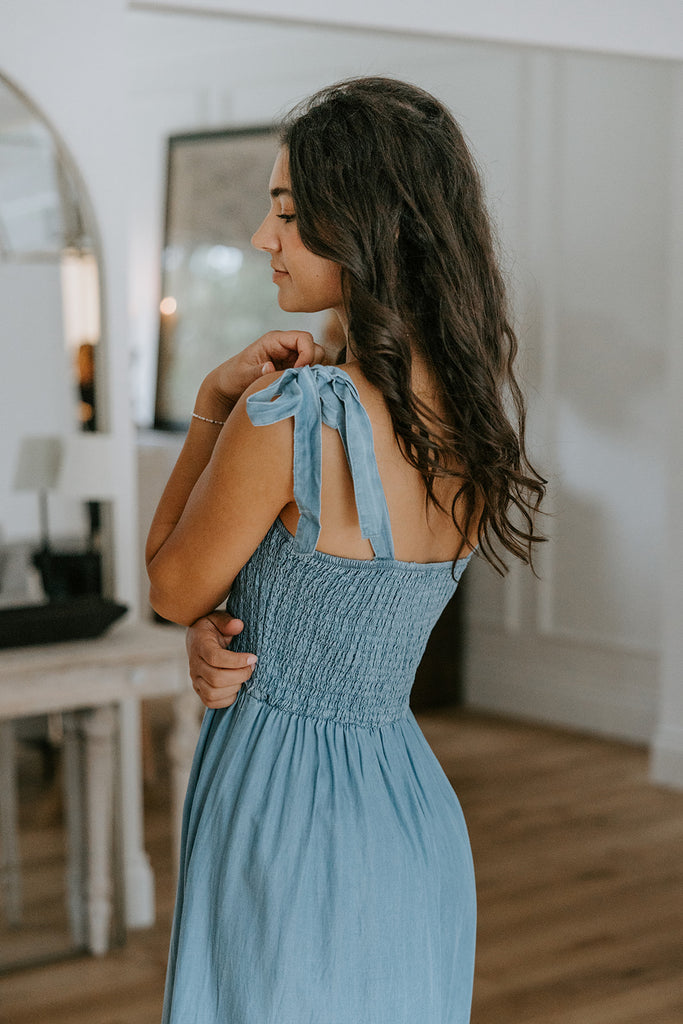 Shoulder Detail Smocked Denim Dress