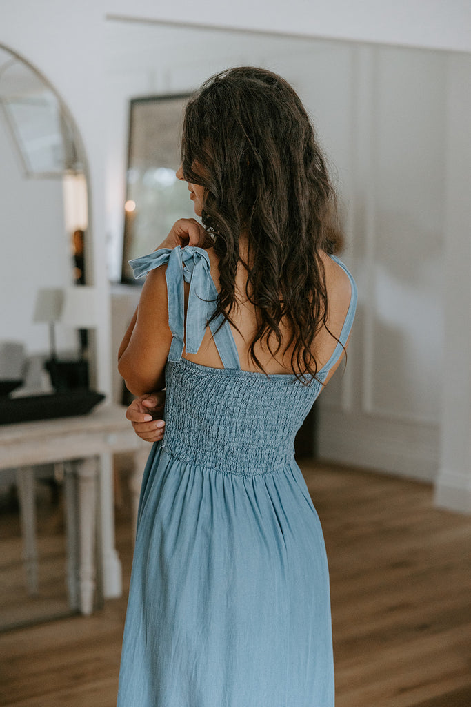 Shoulder Detail Smocked Denim Dress