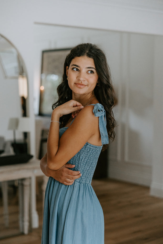 Shoulder Detail Smocked Denim Dress