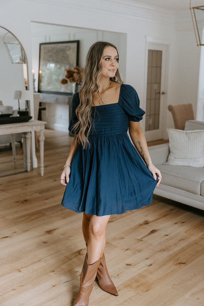 Pleated Detail Puff Sleeve Mini Dress - Navy