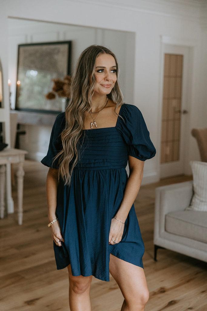 Pleated Detail Puff Sleeve Mini Dress - Navy