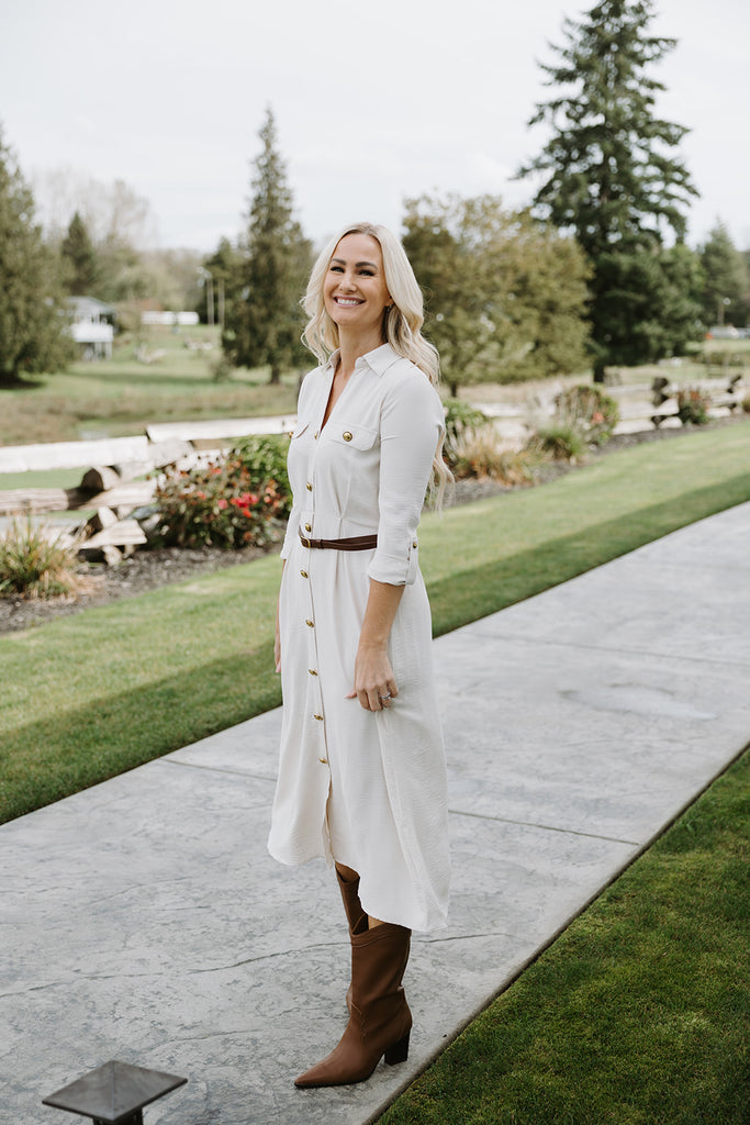 button up belted dress - Cream