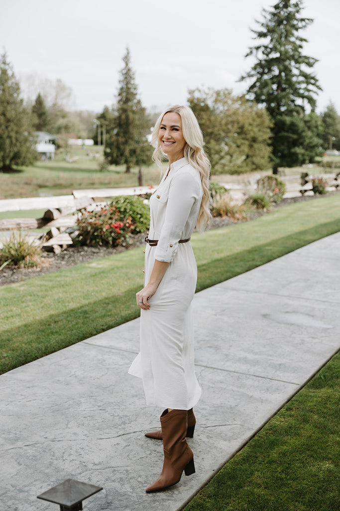 button up belted dress - Cream