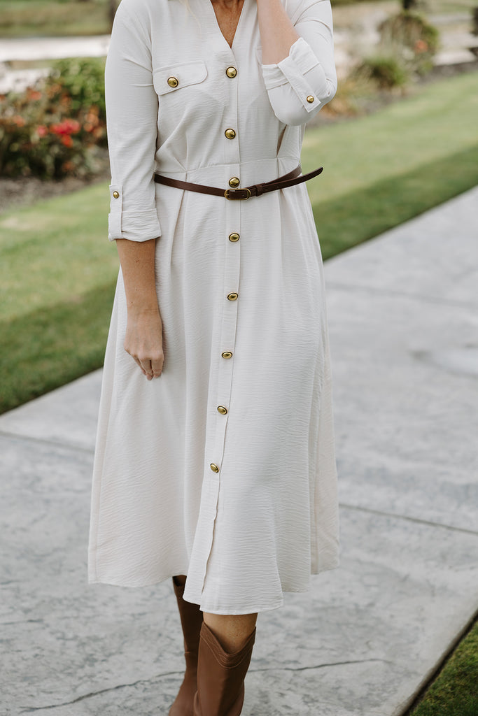 button up belted dress - Cream