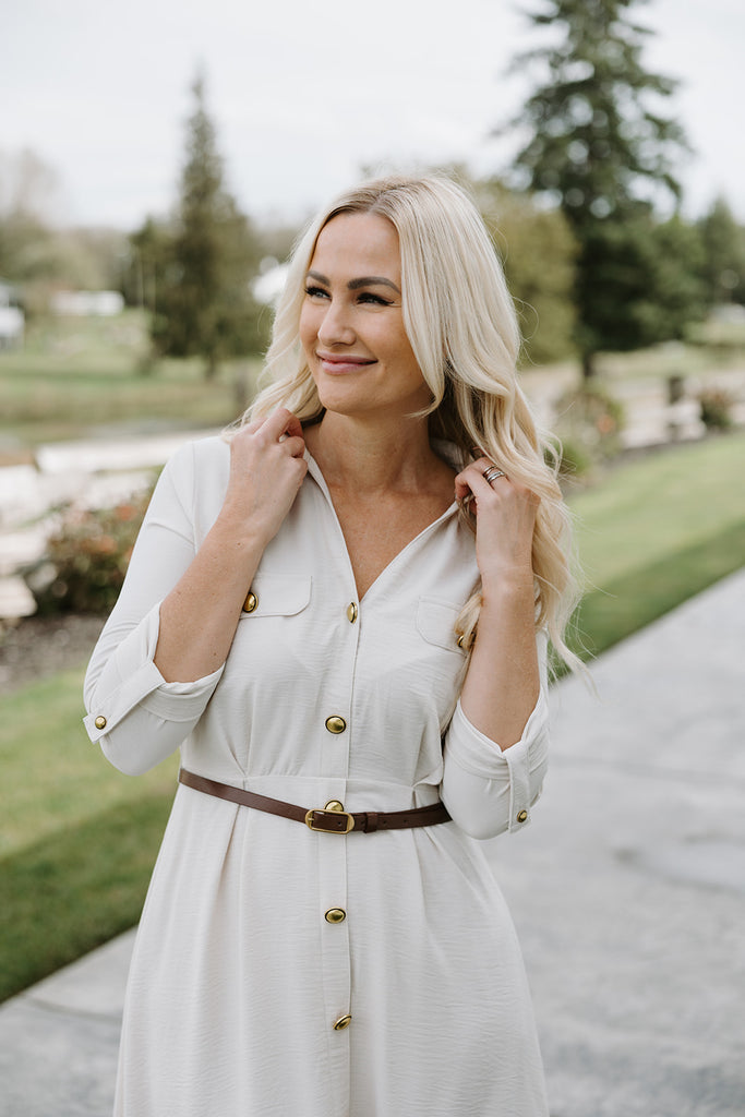 button up belted dress - Cream