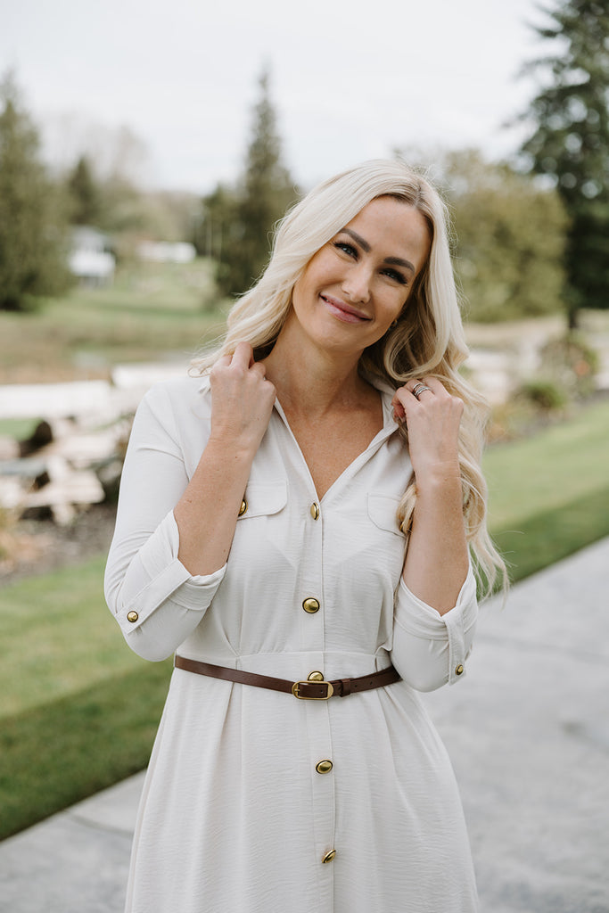 button up belted dress - Cream