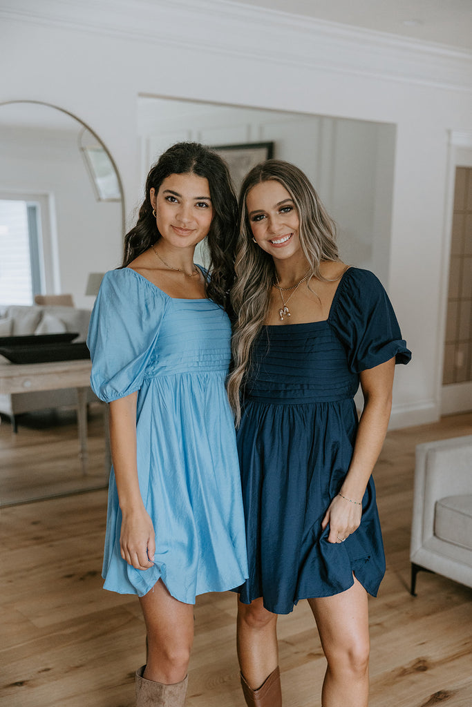 Pleated Detail Puff Sleeve Mini Dress - Navy