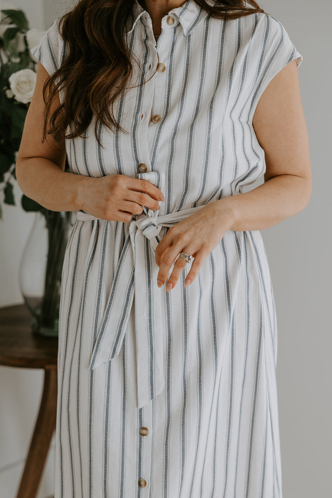 Striped Midi Linen Dress - Blue