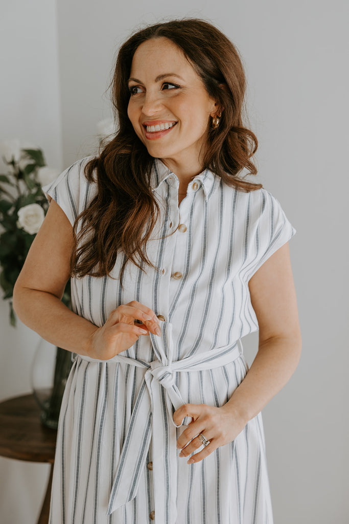 Striped Midi Linen Dress - Blue