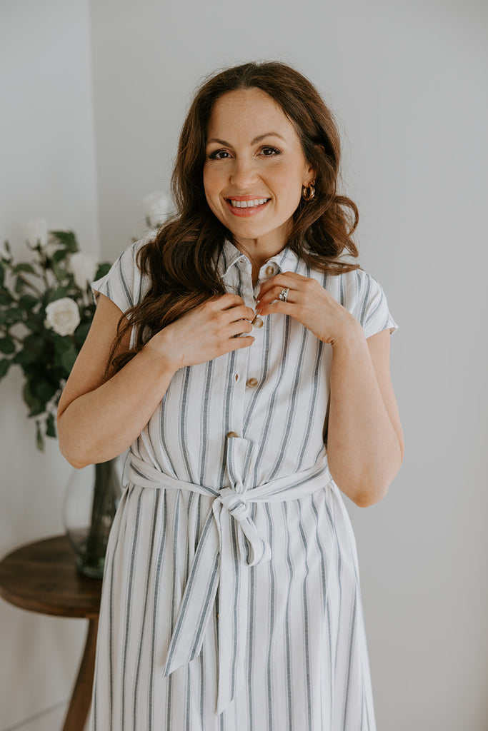 Striped Midi Linen Dress - Blue