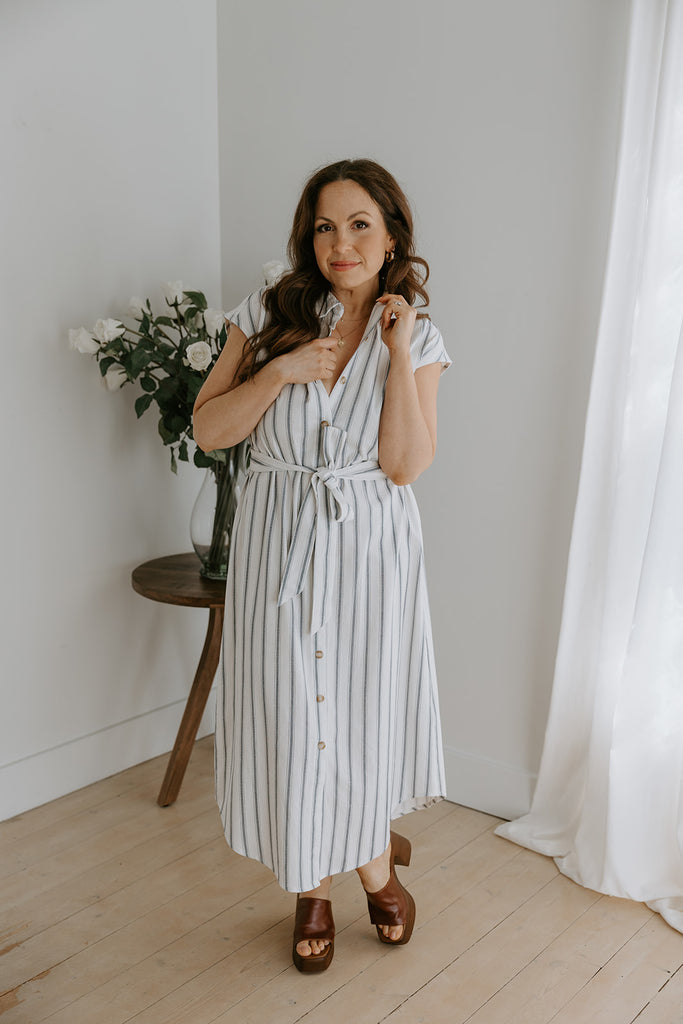 Striped Midi Linen Dress - Blue
