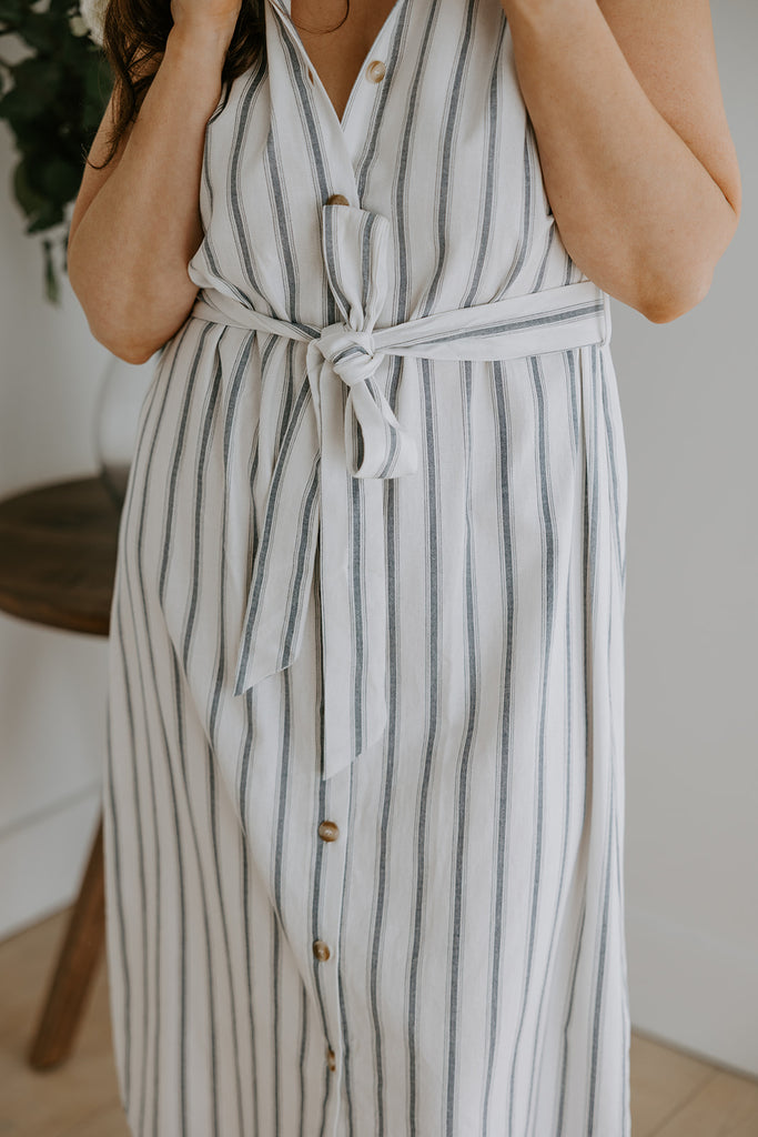 Striped Midi Linen Dress - Blue