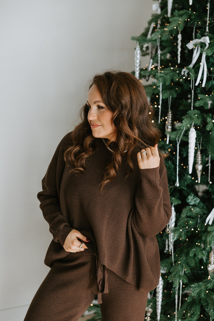 Waffle Textured Sweater & Pant Set - Cacao