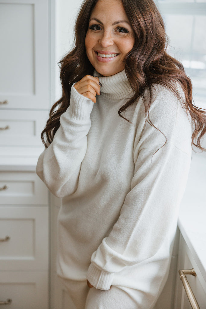 Long Knit Turtleneck Sweater Dress - Cream