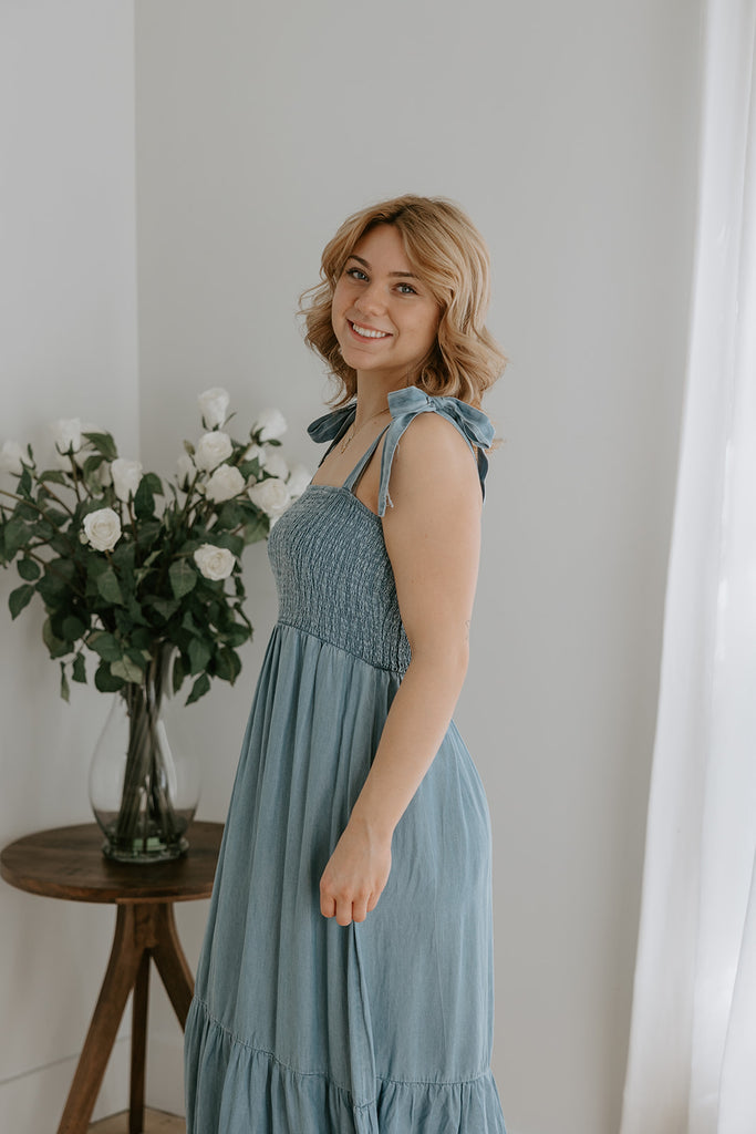 Shoulder Detail Smocked Denim Dress