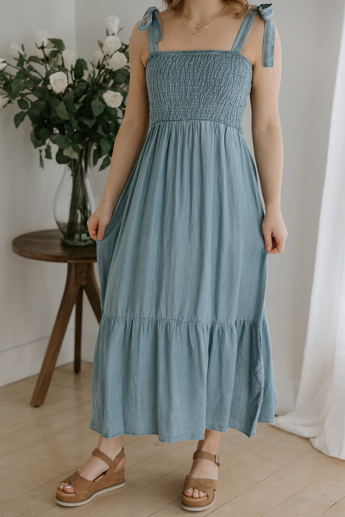 Shoulder Detail Smocked Denim Dress