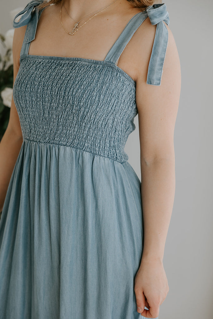 Shoulder Detail Smocked Denim Dress