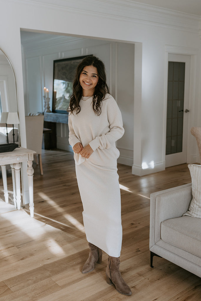 Waffle Sweater & Skirt Set - Oat