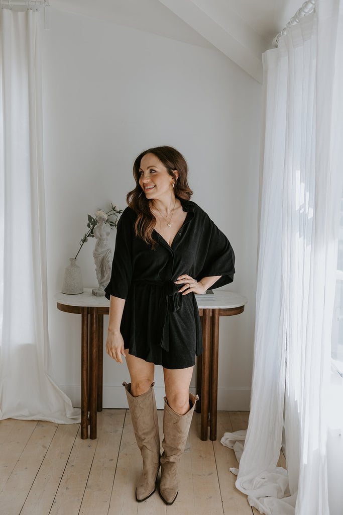 Oversized Linen Romper - Black