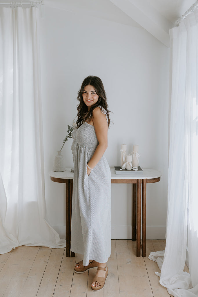 Smocked Bust Tie Strap Midi Dress