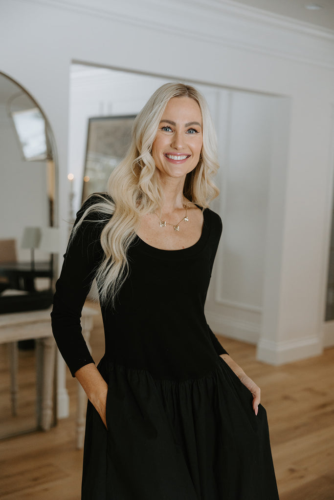 Mixed Material Poplin Dress - Black