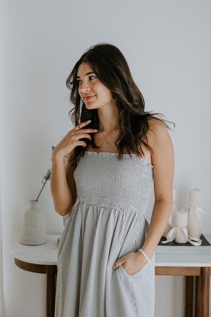 Smocked Bust Tie Strap Midi Dress