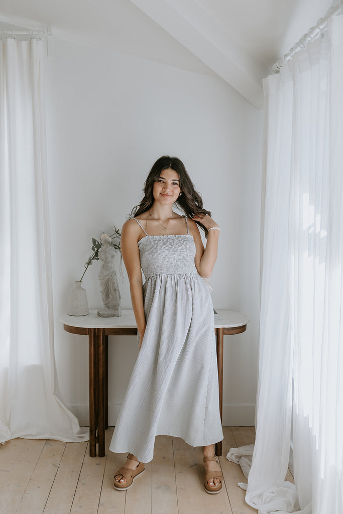 Smocked Bust Tie Strap Midi Dress