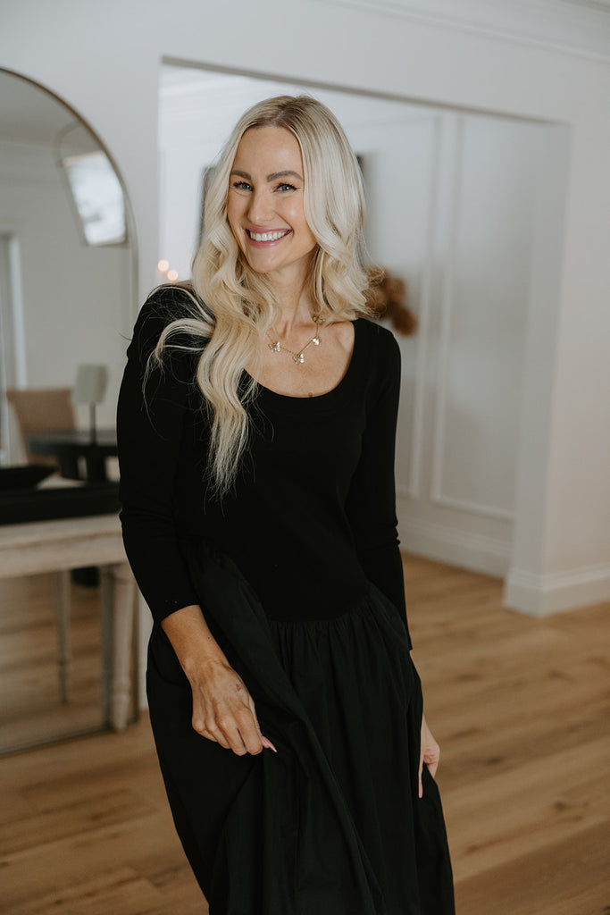 Mixed Material Poplin Dress - Black