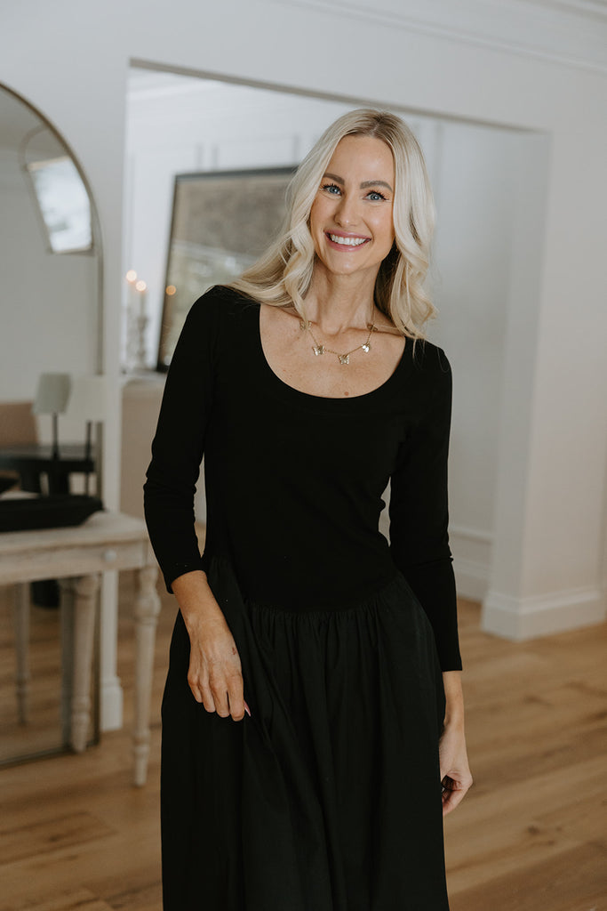 Mixed Material Poplin Dress - Black