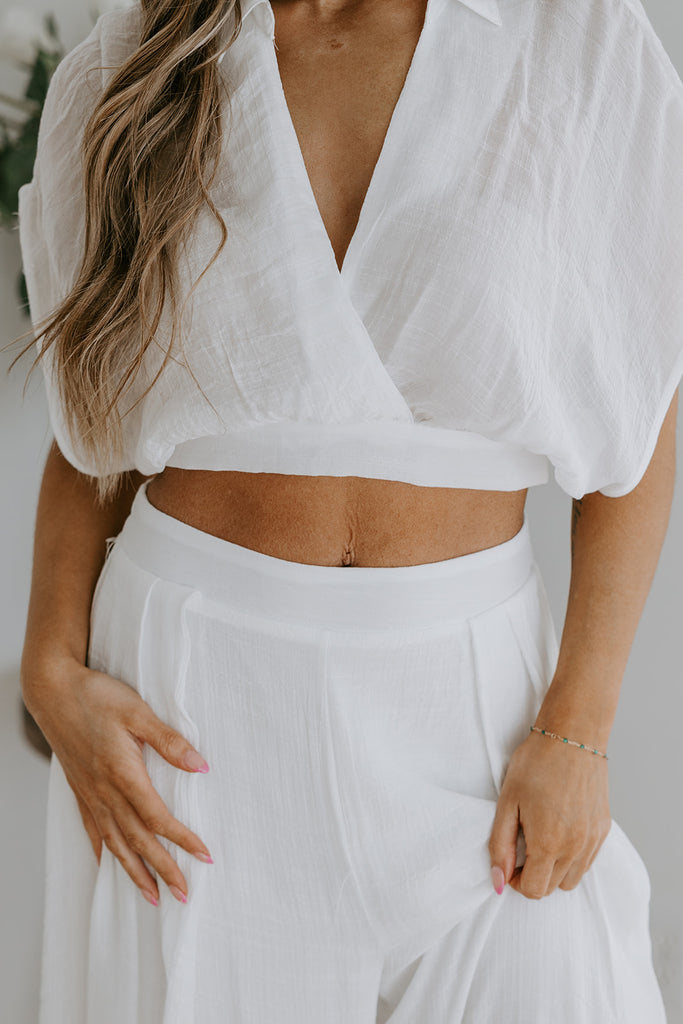Drape Top with Flowy Pant Set - White