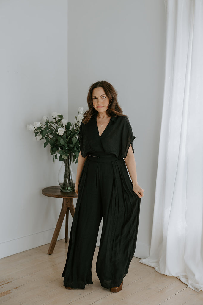 Drape Top with Flowy Pant Set - Black