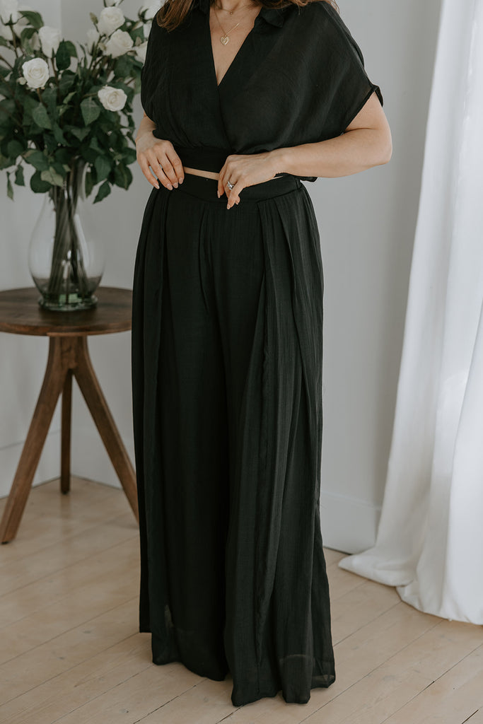 Drape Top with Flowy Pant Set - Black
