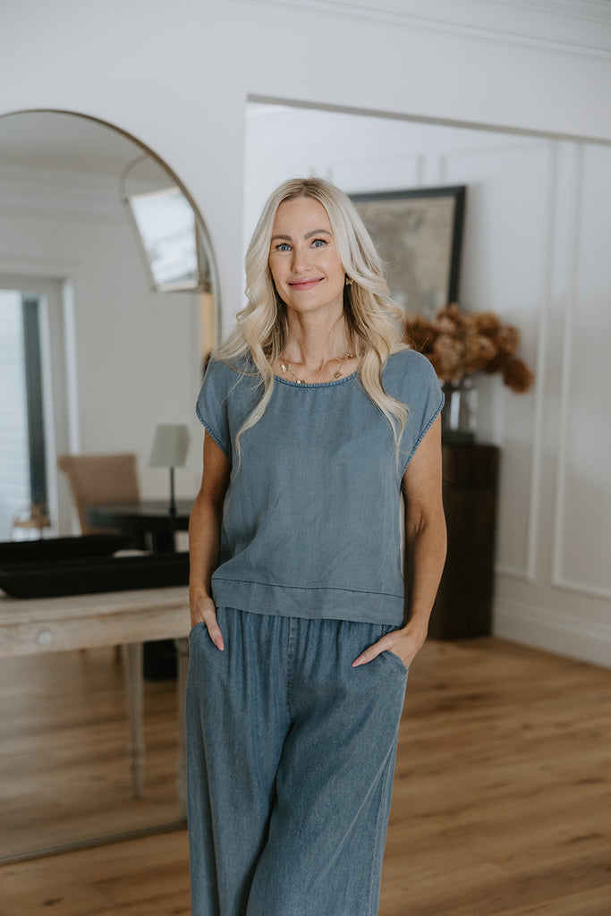Mineral Wash Denim Top & Pant Set