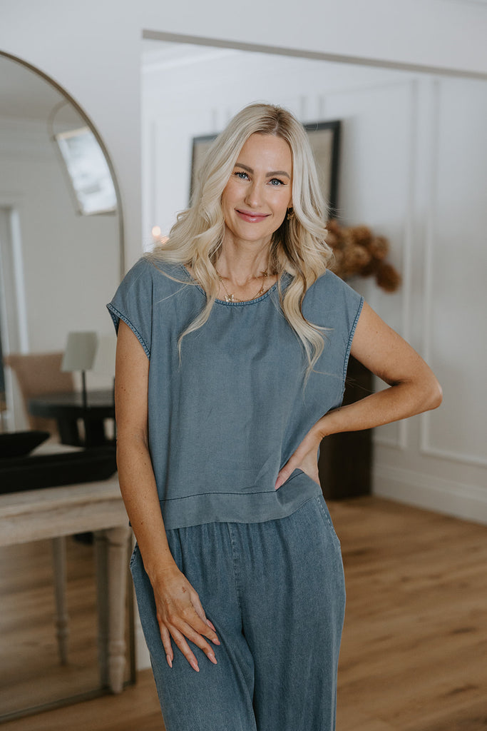 Mineral Wash Denim Top & Pant Set