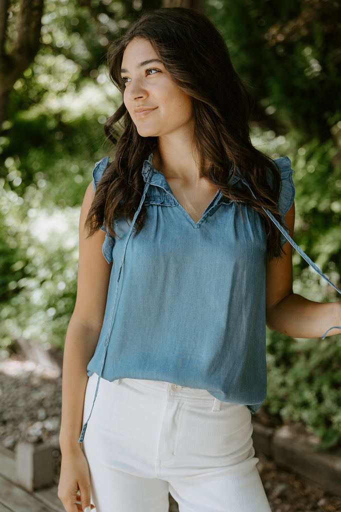 Chambray Ruffle Tie Front Blouse