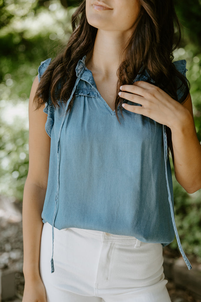 Chambray Ruffle Tie Front Blouse
