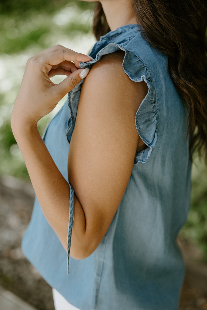 Chambray Ruffle Tie Front Blouse