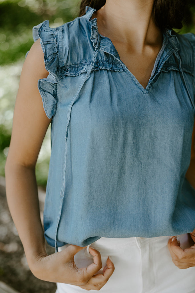 Chambray Ruffle Tie Front Blouse