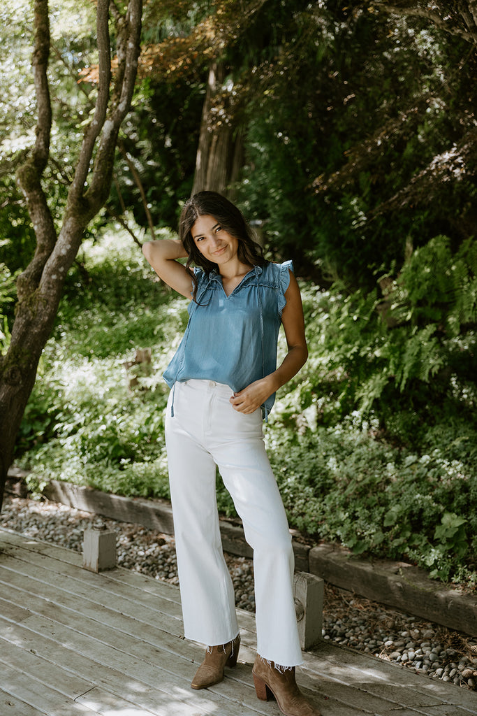 Chambray Ruffle Tie Front Blouse