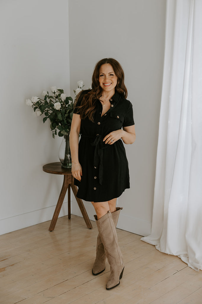 Collared Button Down Belted Dress - Black