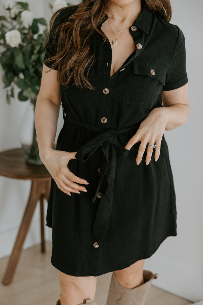 Collared Button Down Belted Dress - Black