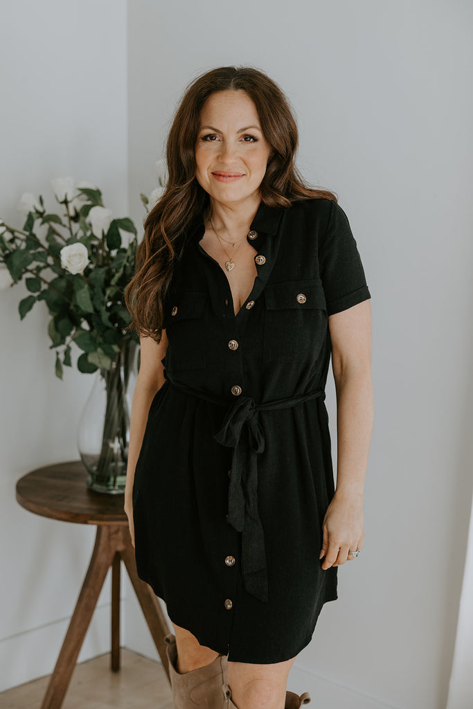 Collared Button Down Belted Dress - Black