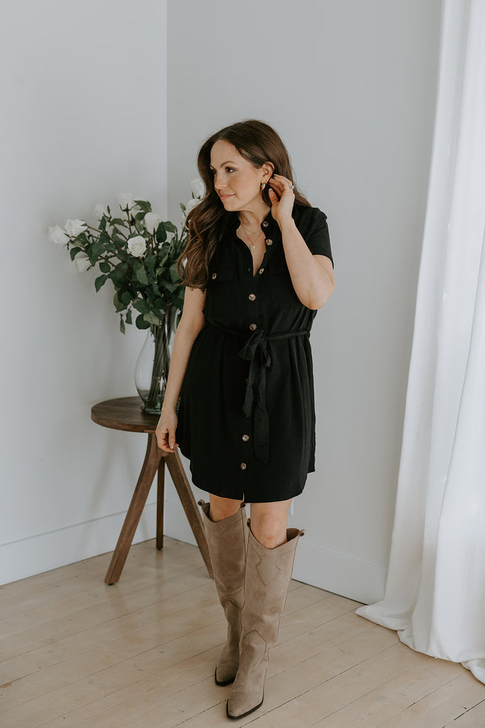 Collared Button Down Belted Dress - Black