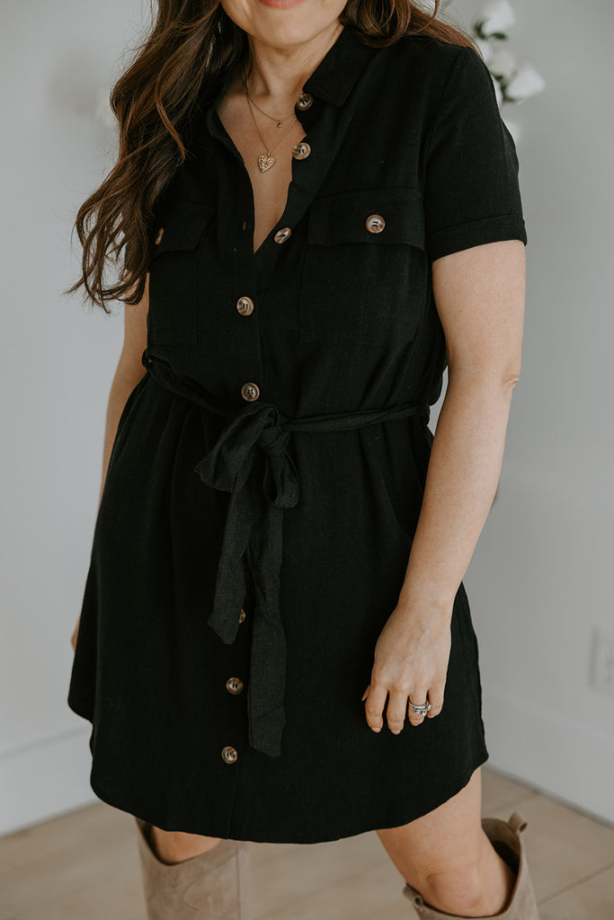 Collared Button Down Belted Dress - Black