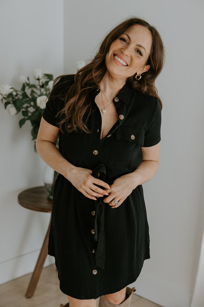 Collared Button Down Belted Dress - Black