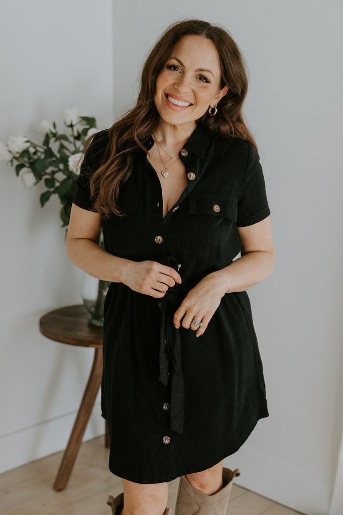 Collared Button Down Belted Dress - Black