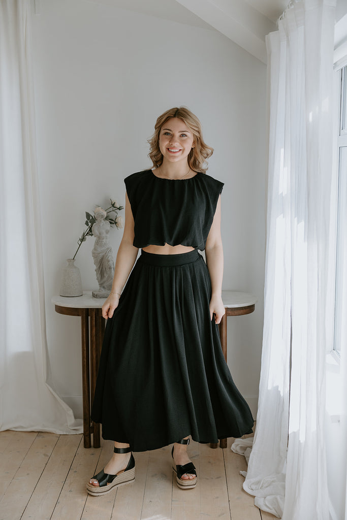 Bubble Top & Midi Skirt Set - Black