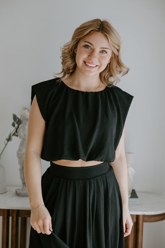 Bubble Top & Midi Skirt Set - Black